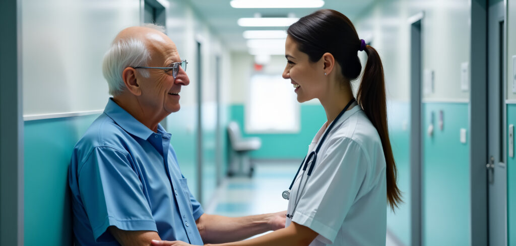 Operatrice socio-sanitaria durante l'assistenza a un paziente in una struttura della sanità pubblica