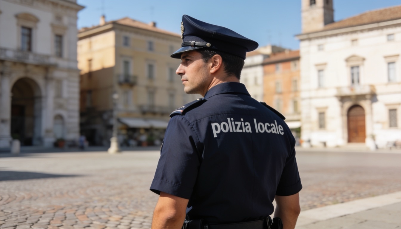 Agente di Polizia Locale, il vigile urbano, in servizio in una piazza italiana