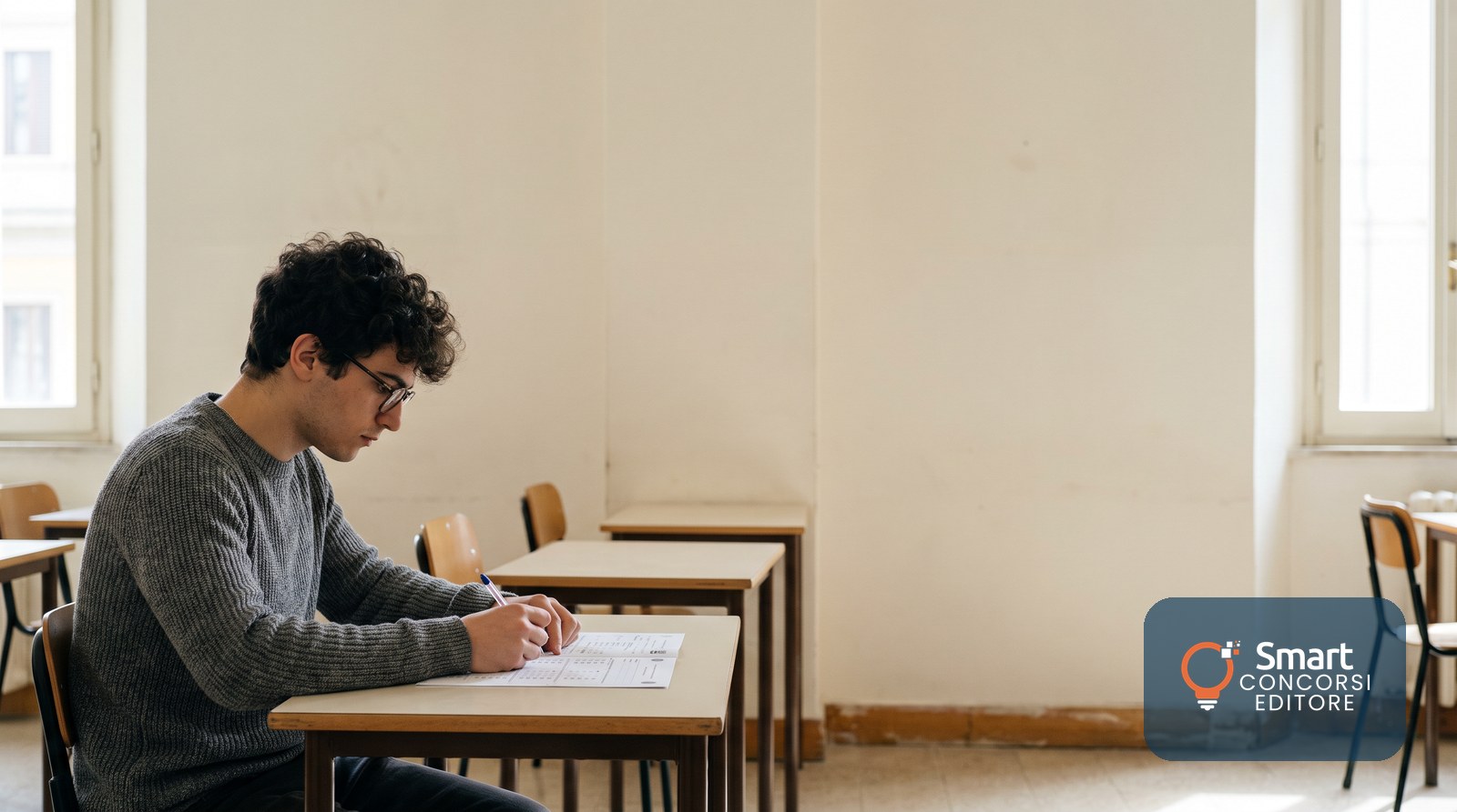 Candidato al banco durante una prova a test in un'aula di selezione