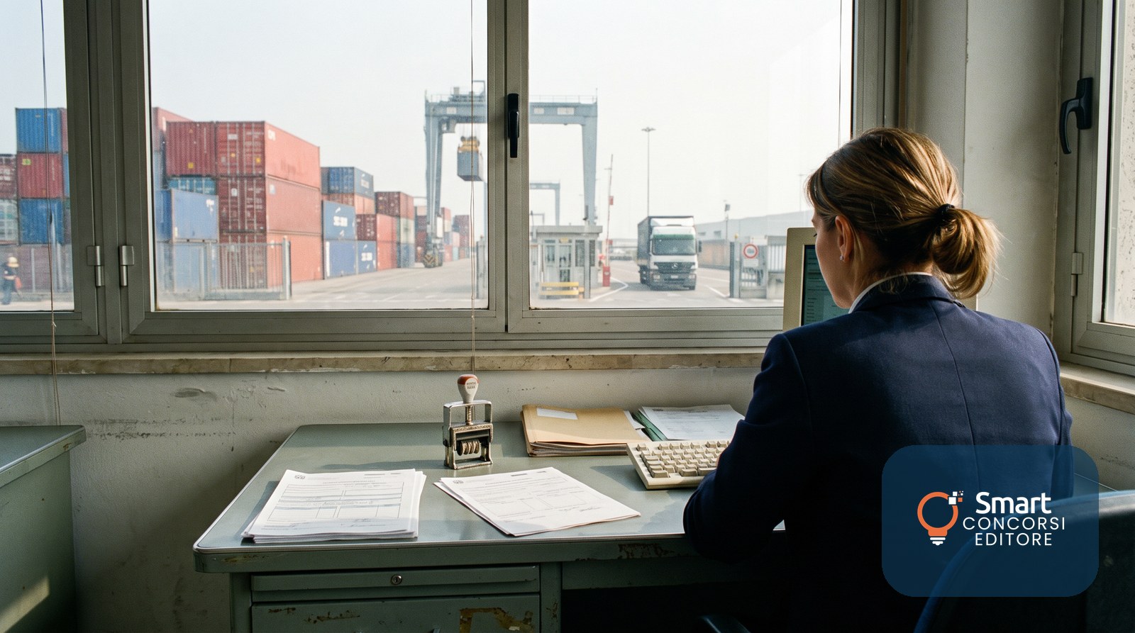 Assistente amministrativo al lavoro in un ufficio doganale affacciato sul porto container