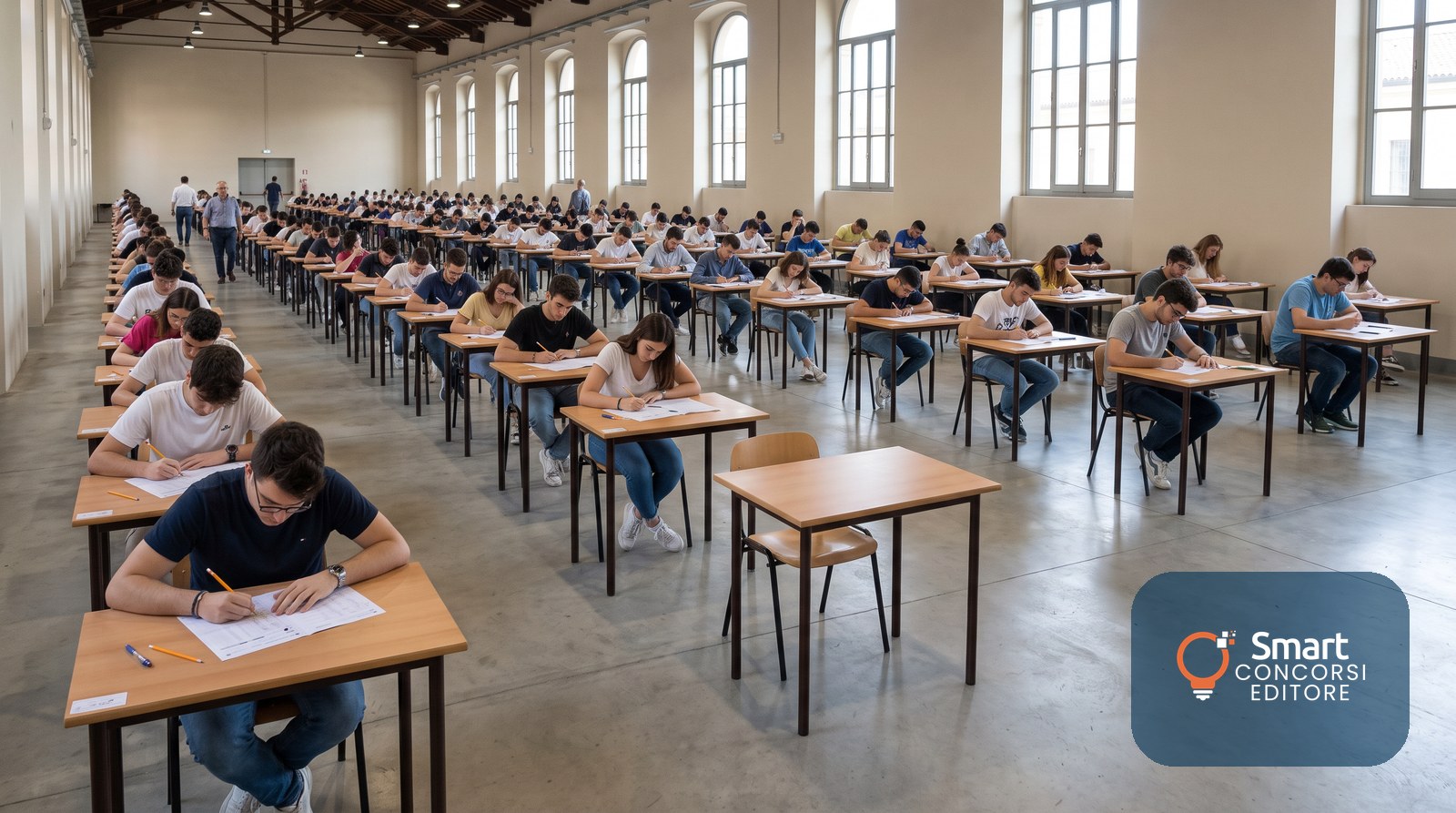 Come diventare carabiniere: candidati durante la prova scritta a quiz del concorso Allievi Carabinieri in una grande aula d'esame
