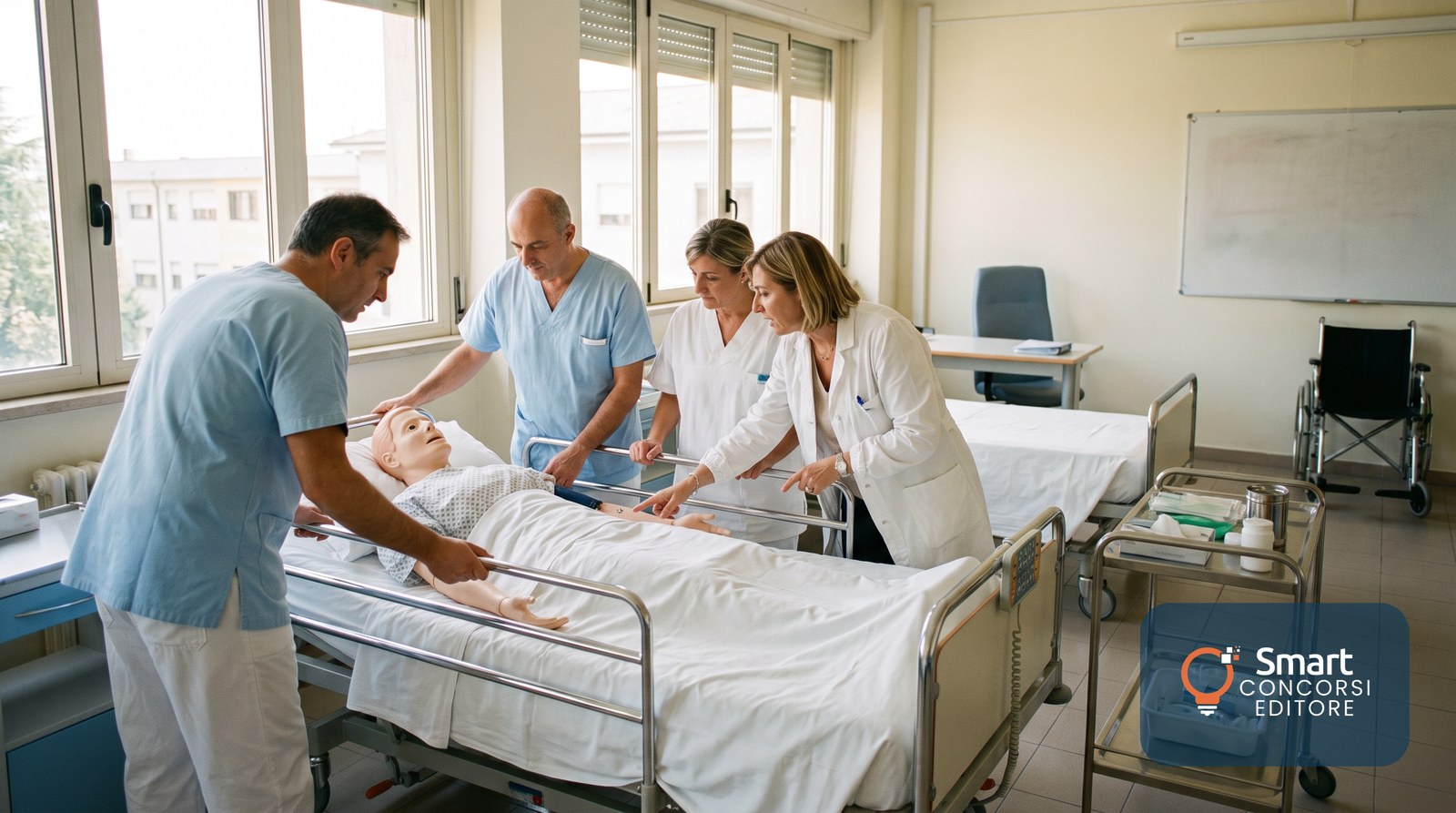Allievi di un corso per operatore socio sanitario durante un'esercitazione pratica di assistenza al letto con la docente
