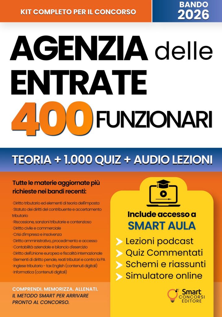 Copertina del manuale per il Concorso 400 Funzionari giuridico-tributari dell'Agenzia delle Entrate di Smart Concorsi Editore
