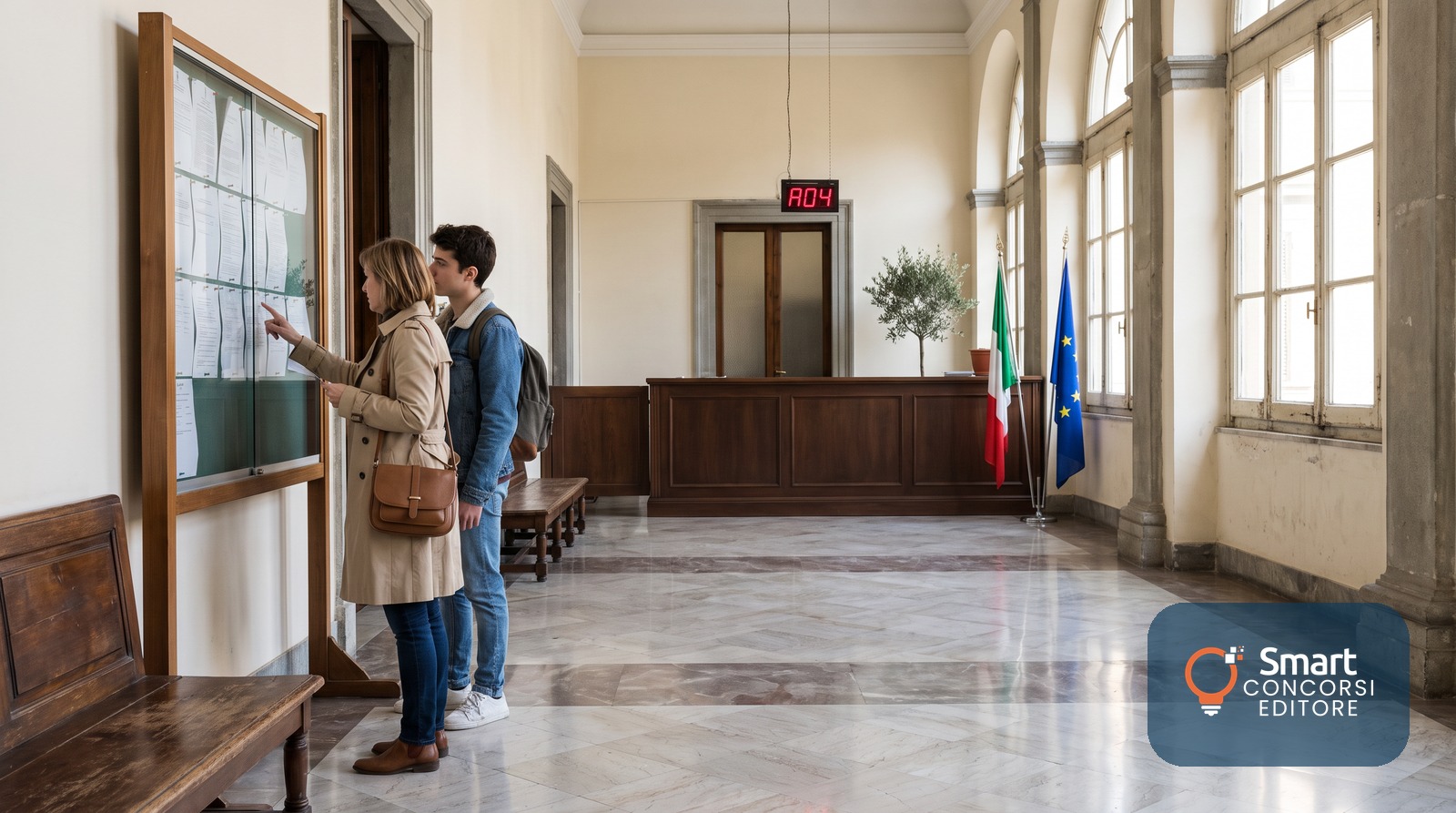 Due cittadini leggono la graduatoria di un concorso negli enti locali affissa all'albo pretorio di un Comune