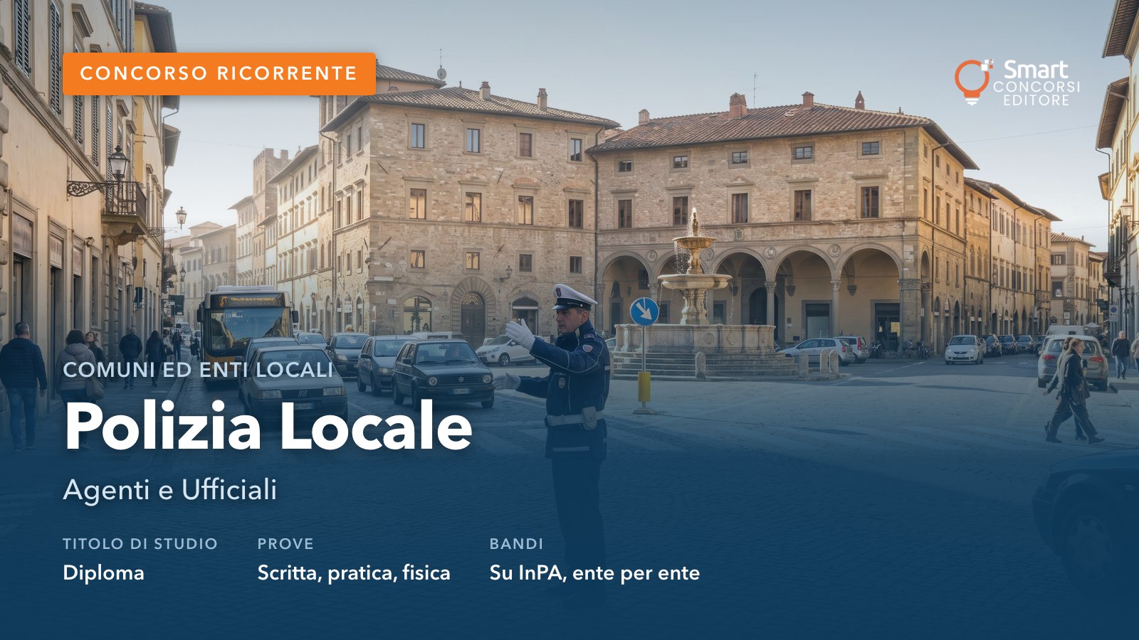 Agente di polizia locale in servizio in una piazza italiana