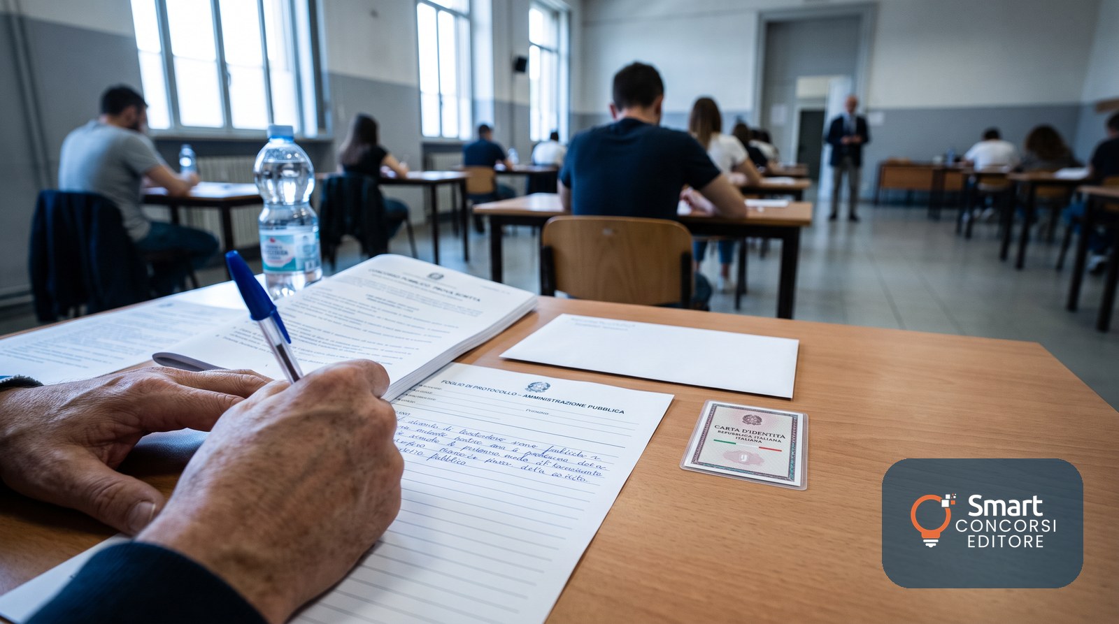 Candidato che redige un atto amministrativo su un foglio protocollo durante la prova di un concorso ASL