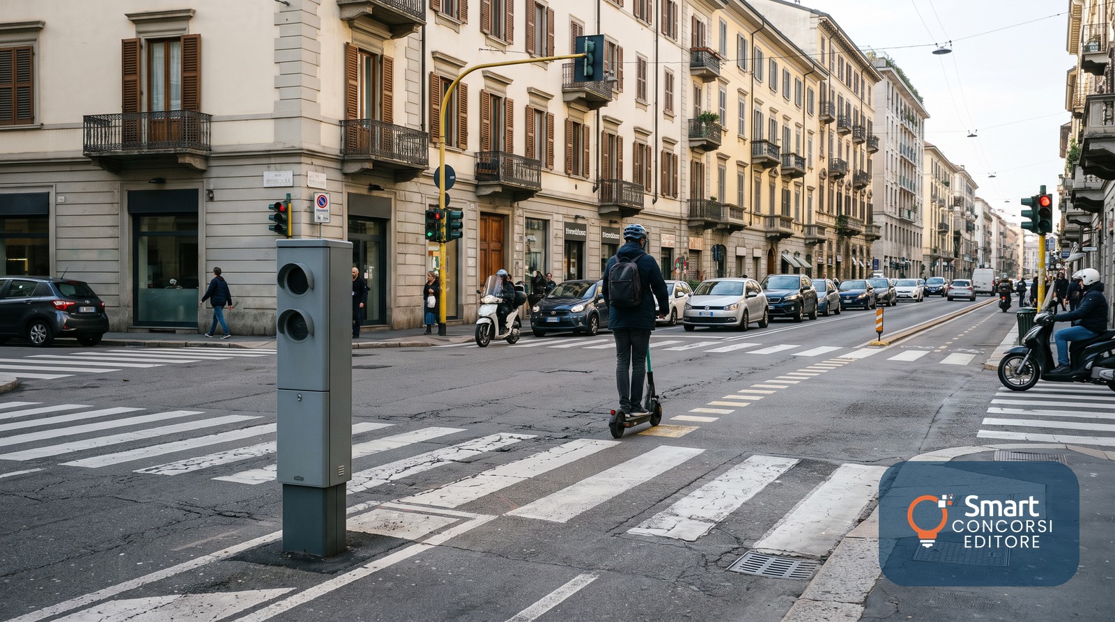 Monopattino elettrico con casco in una strada cittadina italiana accanto a un autovelox: le nuove regole della riforma del Codice della Strada 2024