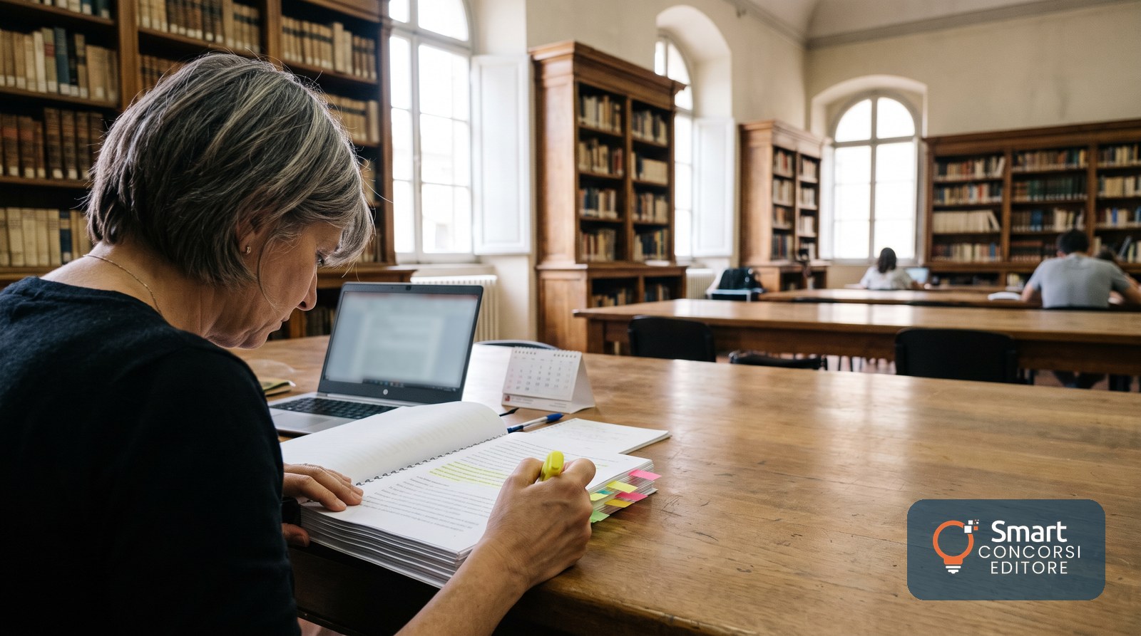 Una candidata in una biblioteca comunale evidenzia le parti principali del bando di concorso stampato