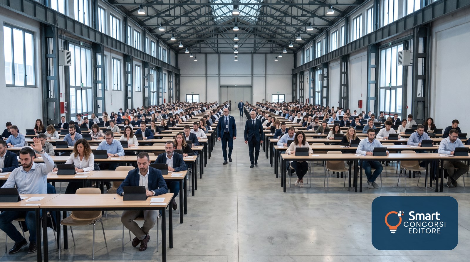 Prova scritta digitale di un concorso RIPAM: centinaia di candidati al tablet in un grande padiglione, con due commissari lungo il corridoio centrale