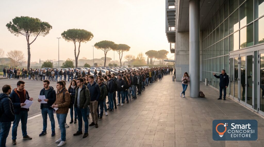 Candidati in fila all'ingresso della sede d'esame a Roma la mattina della preselettiva dei Vigili del Fuoco