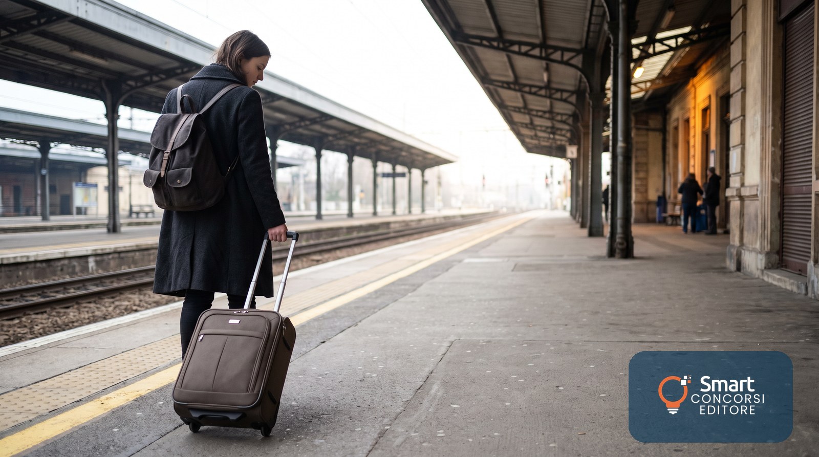 Una candidata percorre la banchina di una stazione ferroviaria con trolley e zaino, dopo aver scelto la sede del concorso INPS PECS