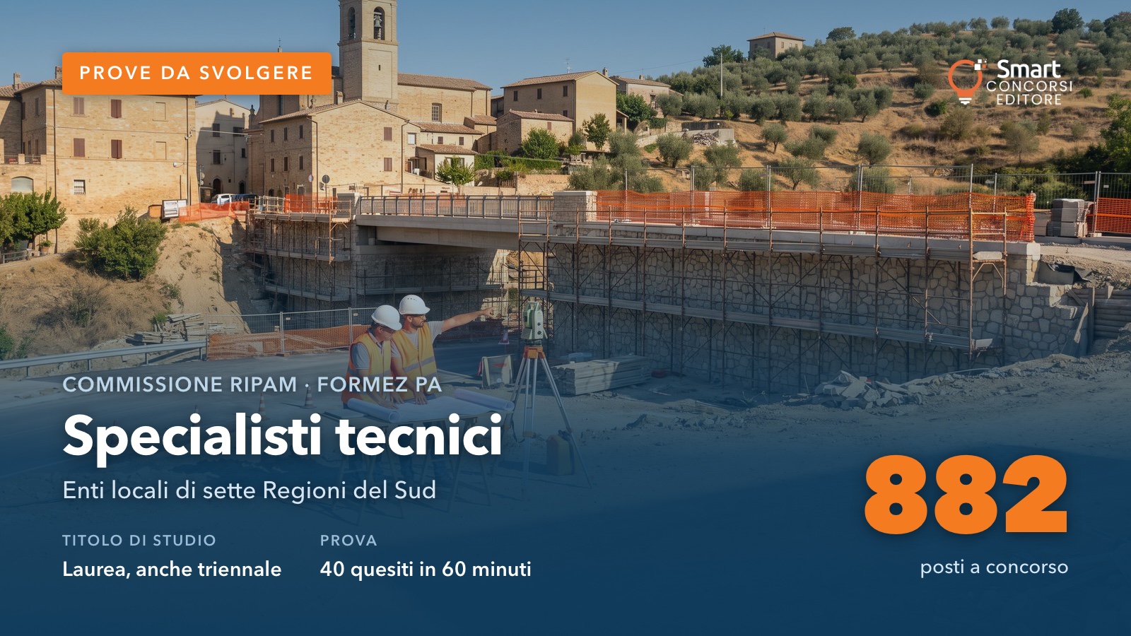 Tecnici con elmetto e disegni tecnici davanti a un ponte in ristrutturazione in un borgo del Sud