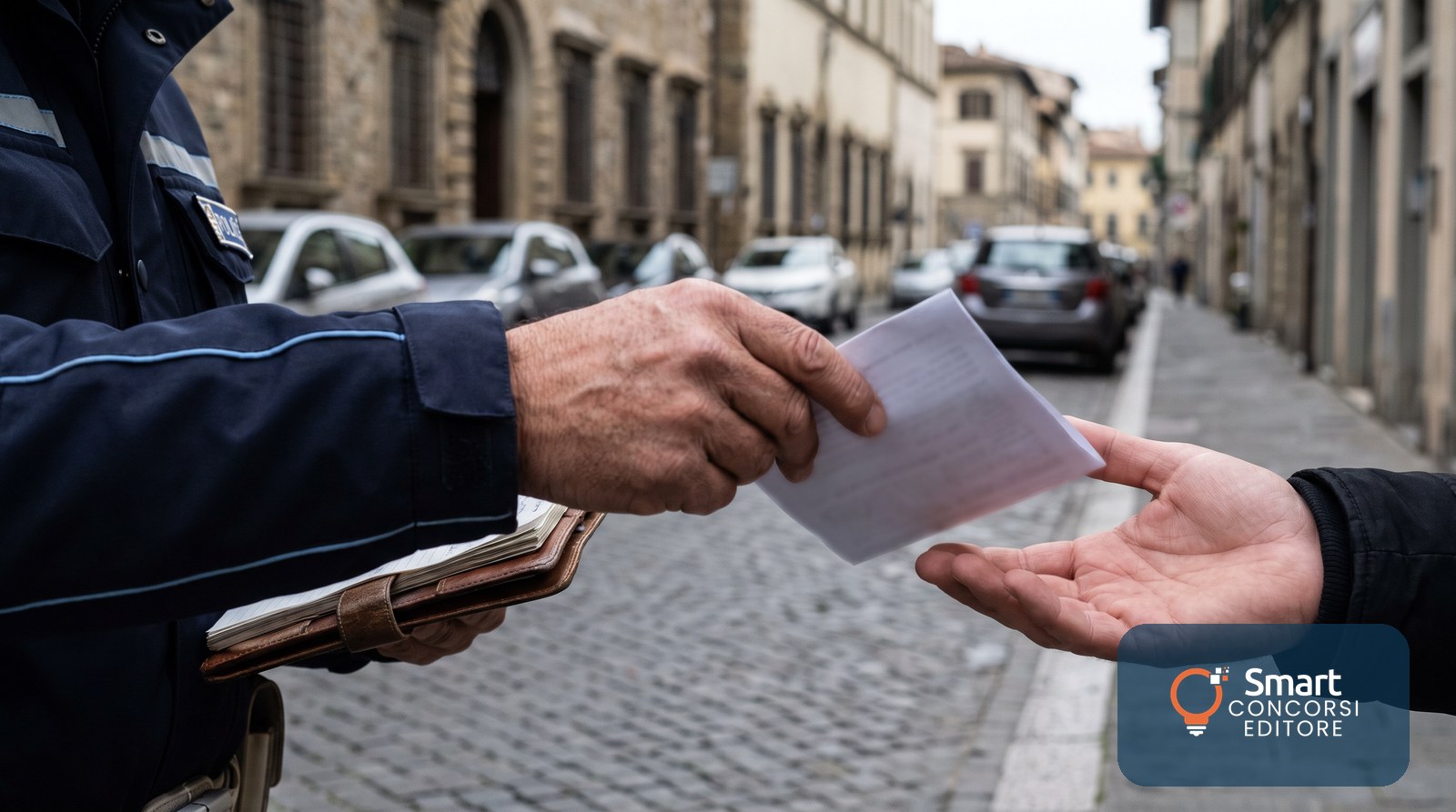 Un agente di Polizia Locale consegna un verbale a un cittadino lungo una strada del centro storico