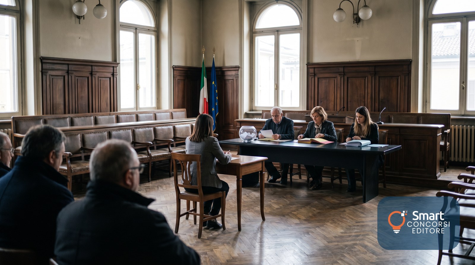 Prova orale di un concorso in un Comune: una candidata davanti alla commissione esaminatrice in aula aperta al pubblico