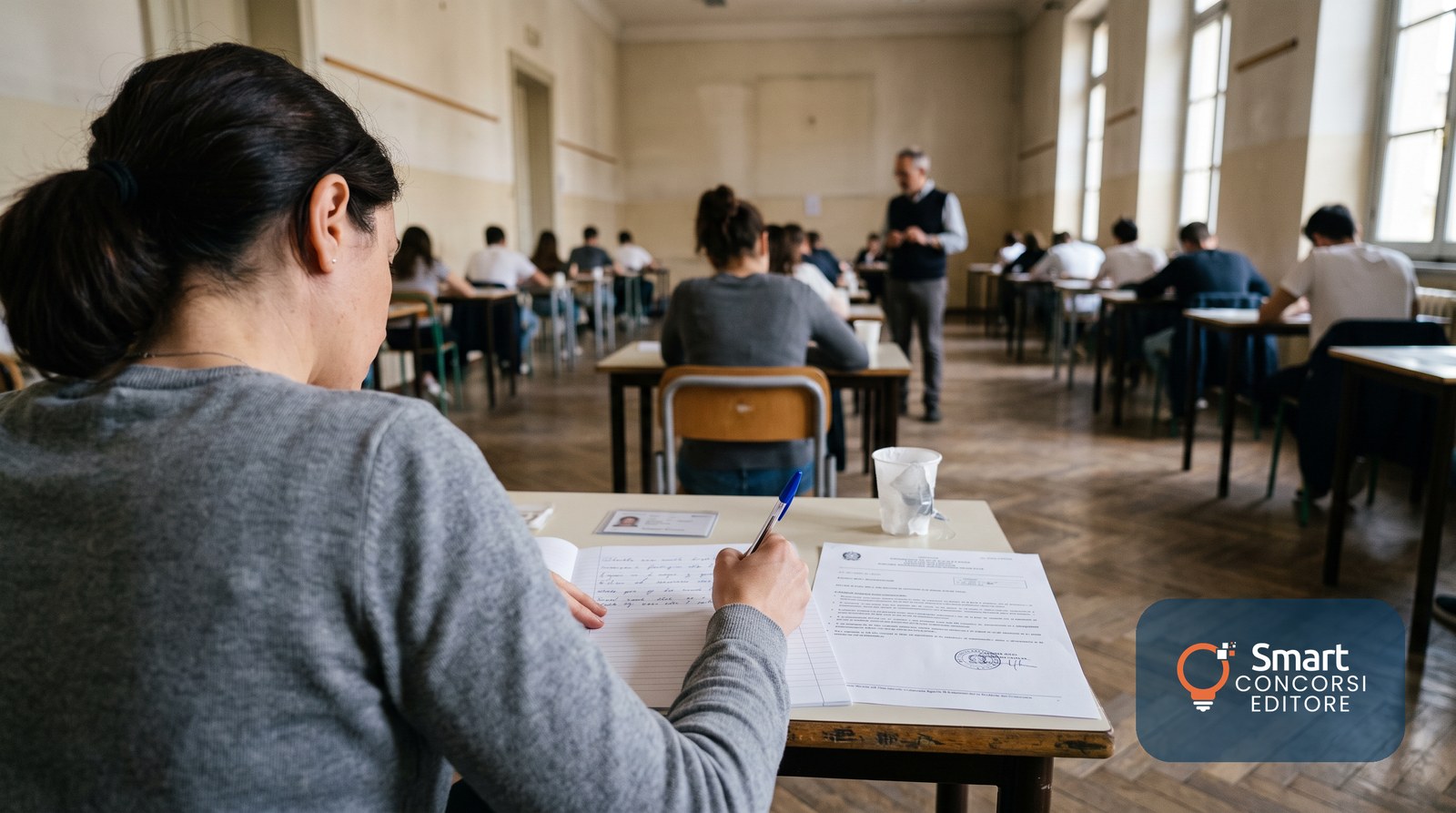 Una candidata redige un atto amministrativo durante la prova scritta di un concorso in un ente locale