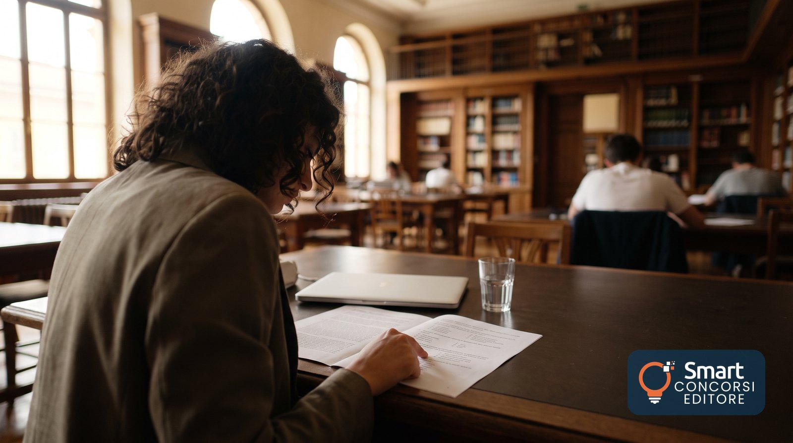 Una candidata legge con attenzione un brano stampato in una biblioteca, seguendo le righe con il dito, per allenarsi ai quesiti di comprensione del testo