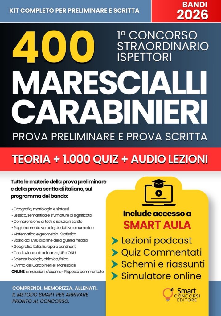 Copertina del manuale per il Concorso 400 Marescialli Carabinieri 2026 di Smart Concorsi Editore