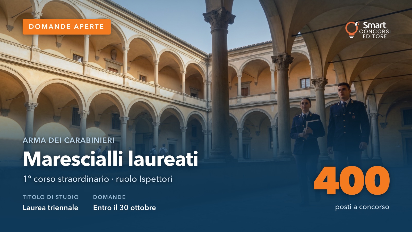 Due giovani Marescialli in uniforme nel chiostro porticato di un'università