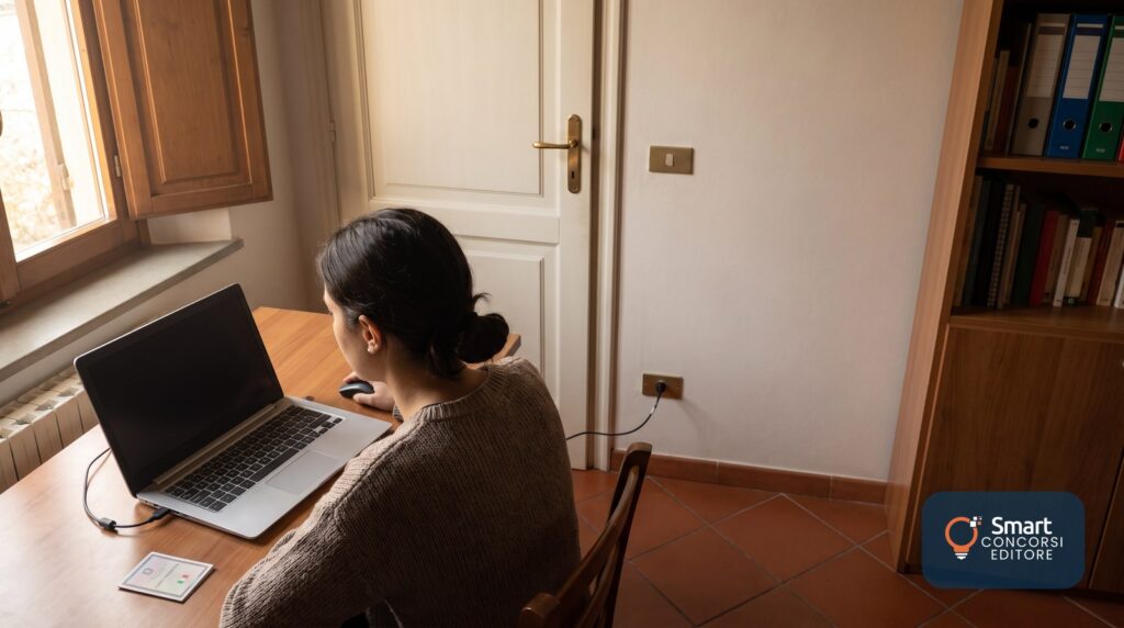 Una candidata a casa davanti al portatile, con la porta della stanza chiusa alle spalle del computer, pronta per una prova di concorso da remoto